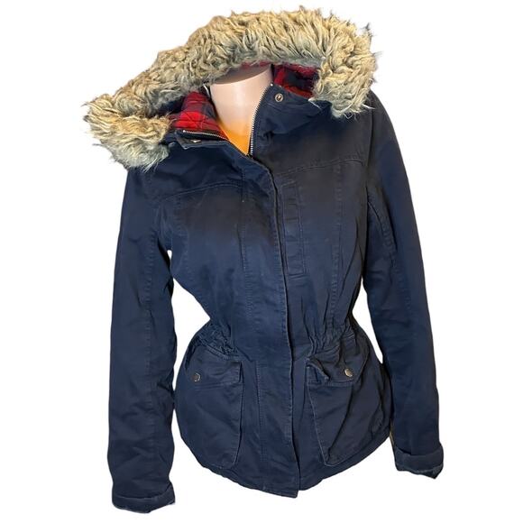 NOT AVAILABLE Womens Medium navy blue hooded parka-style jacket lined red plaid - Picture 6 of 10